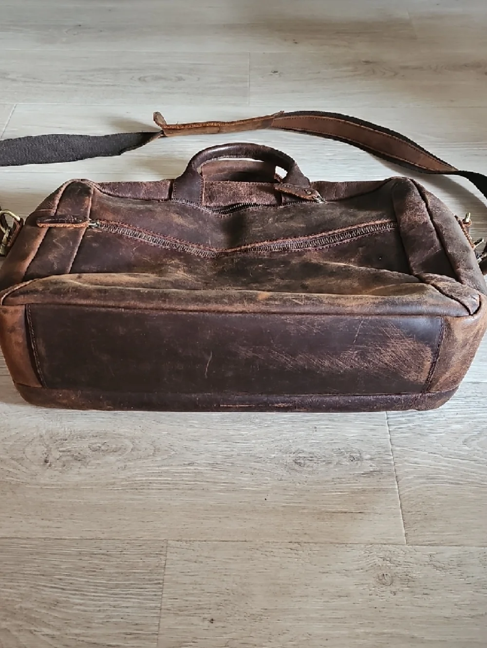 Distressed Brown Leather Laptop Messenger Bag with Shoulder Strap